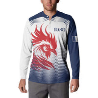 Rugby button sweatshirt white and navy with red rooster, France text, and button placket