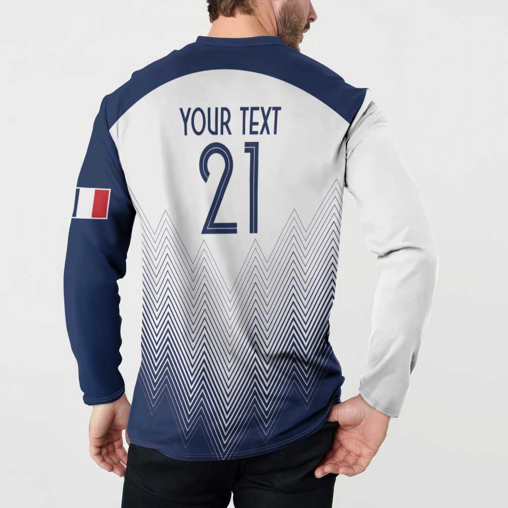Rugby button sweatshirt back view, YOUR TEXT 21, navy-to-white zigzag design