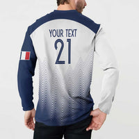 Rugby button sweatshirt back view, YOUR TEXT 21, navy-to-white zigzag design