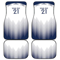 Set of four car floor mats, white with blue chevron pattern, 'YOUR TEXT 21'
