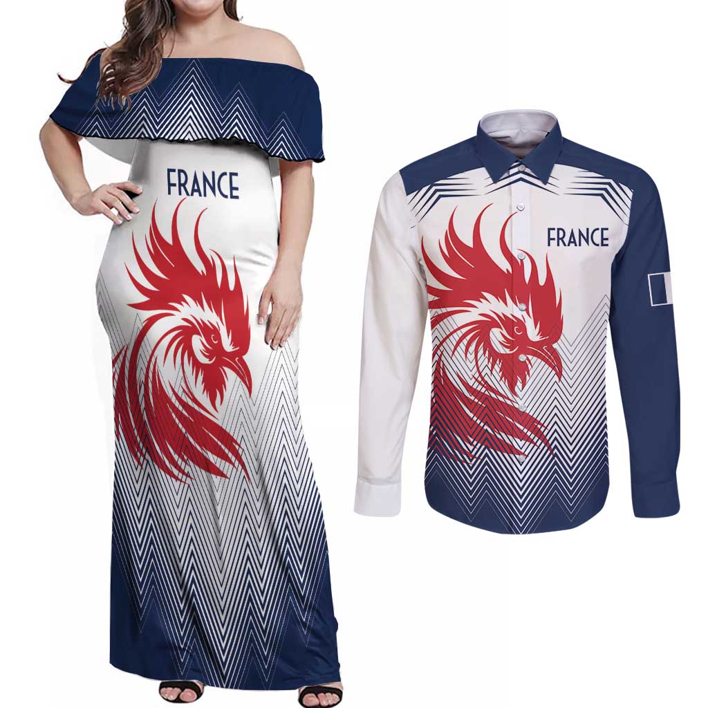 Custom France Rugby Couples Matching Off Shoulder Maxi Dress and Long Sleeve Button Shirt Summer Paris 2024 LT9 - Wonder Print Shop