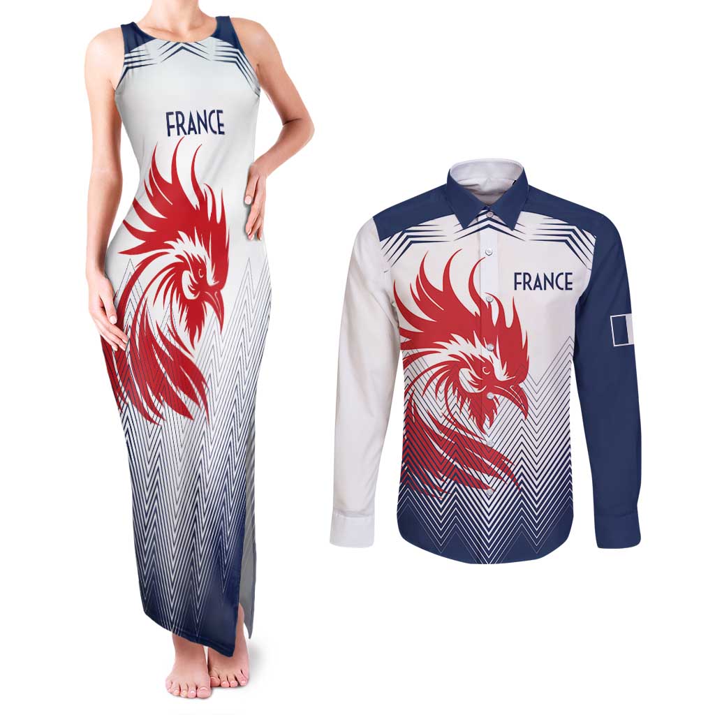 Custom France Rugby Couples Matching Tank Maxi Dress and Long Sleeve Button Shirt Summer Paris 2024 LT9 - Wonder Print Shop