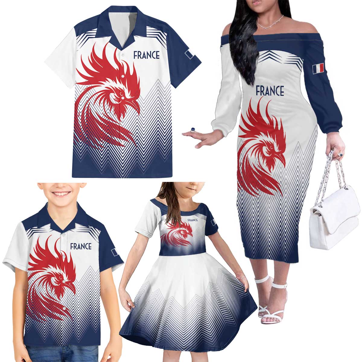 Custom France Rugby Family Matching Off The Shoulder Long Sleeve Dress and Hawaiian Shirt Summer Paris 2024 - Wonder Print Shop