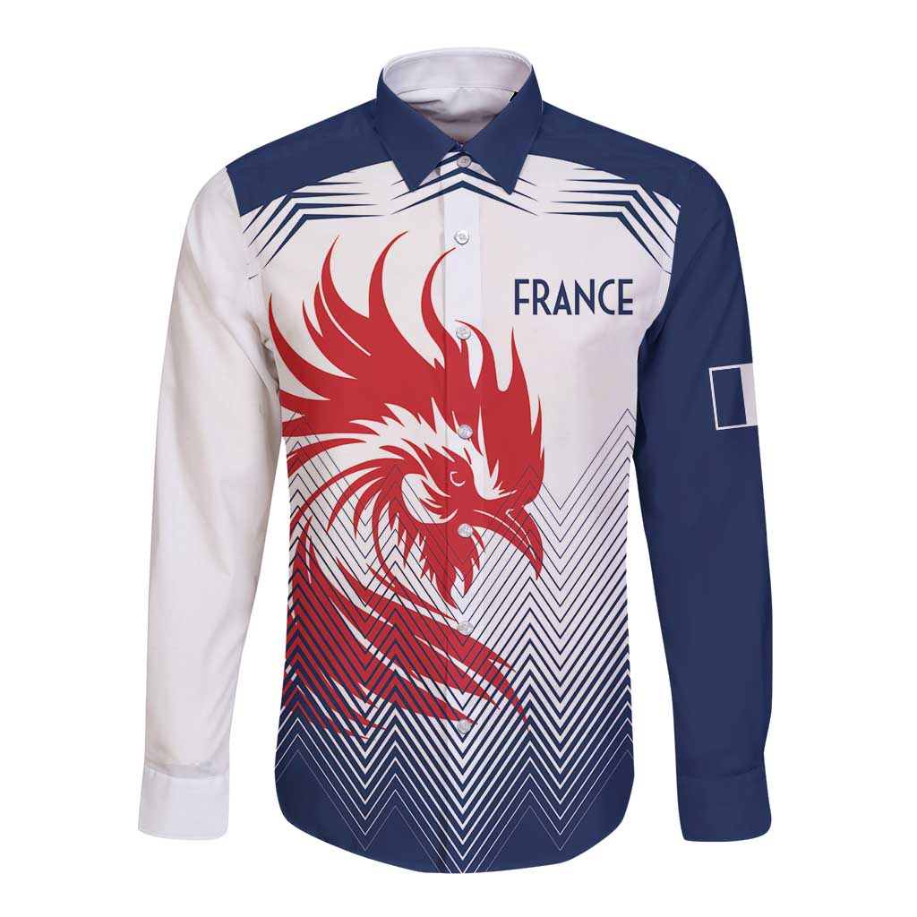 Unisex long-sleeve rugby button shirt, white and navy with France crest graphic