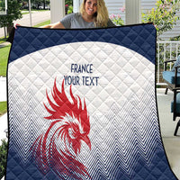 Navy and white quilt with red rooster graphic, chevron pattern, and custom text in center