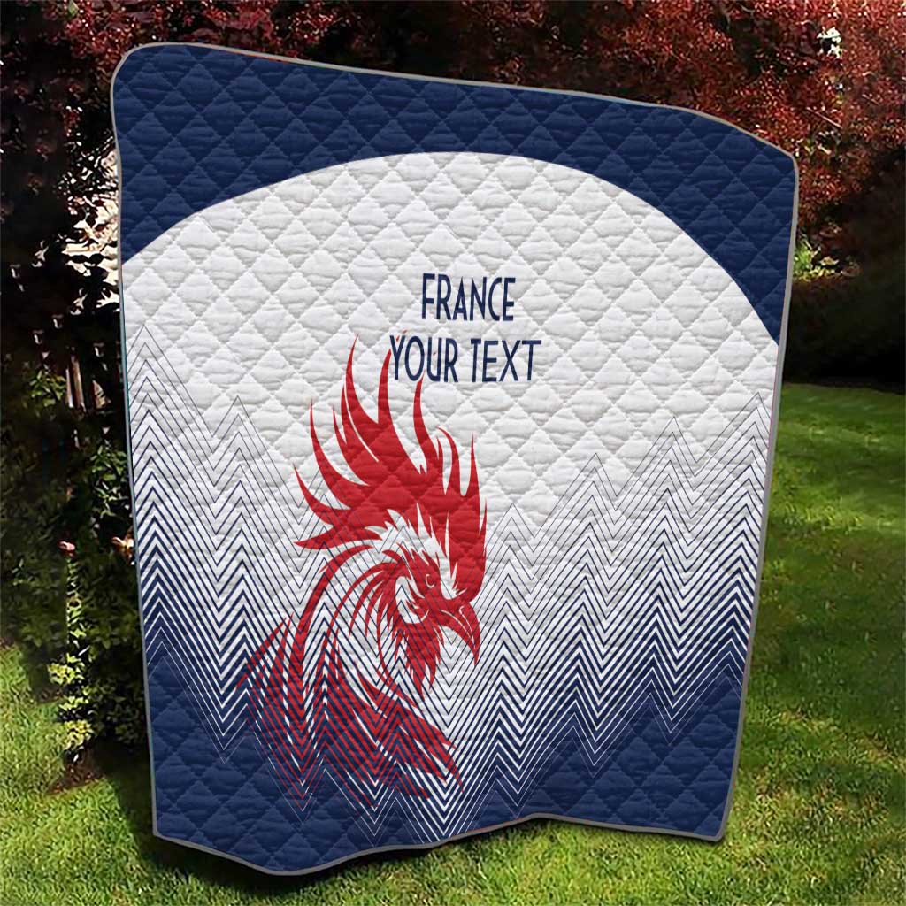 Navy-backed quilt with white center panel, red rooster emblem and custom text