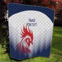 Navy-backed quilt with white center panel, red rooster emblem and custom text
