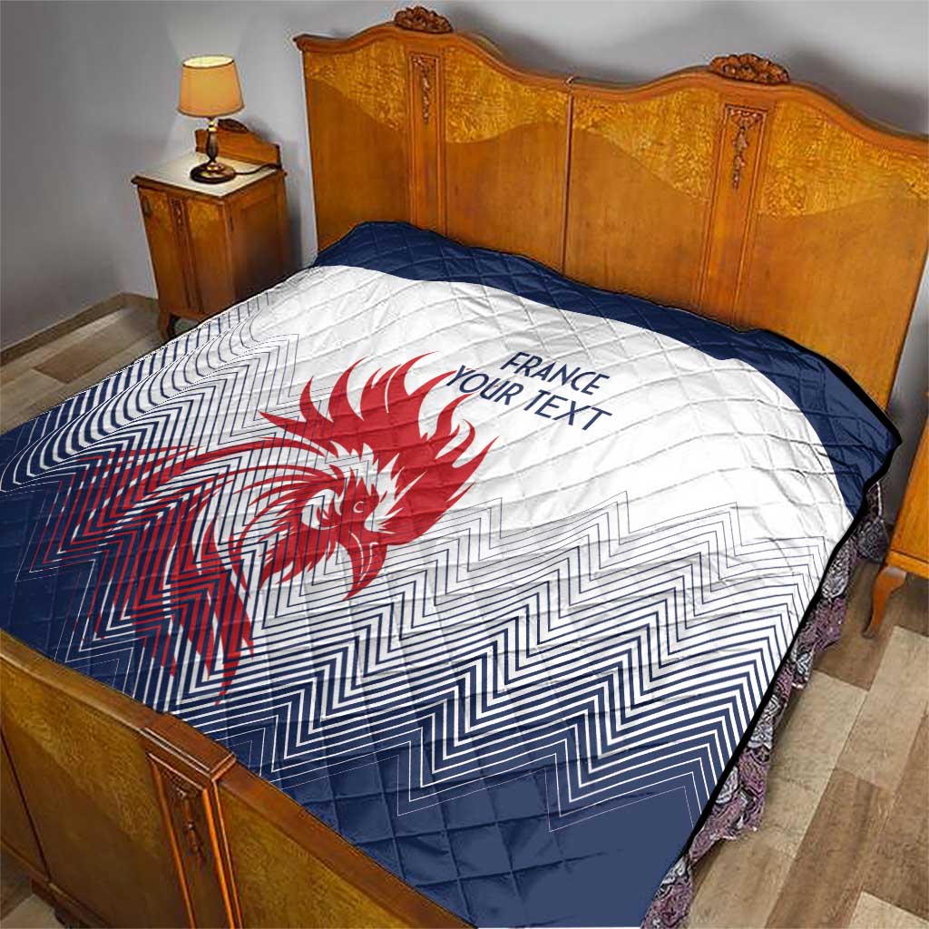 Navy and white quilt on bed, red rooster emblem and custom text across white panel