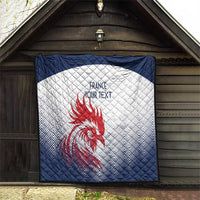 Navy and white quilt on porch wall, red rooster emblem with custom text