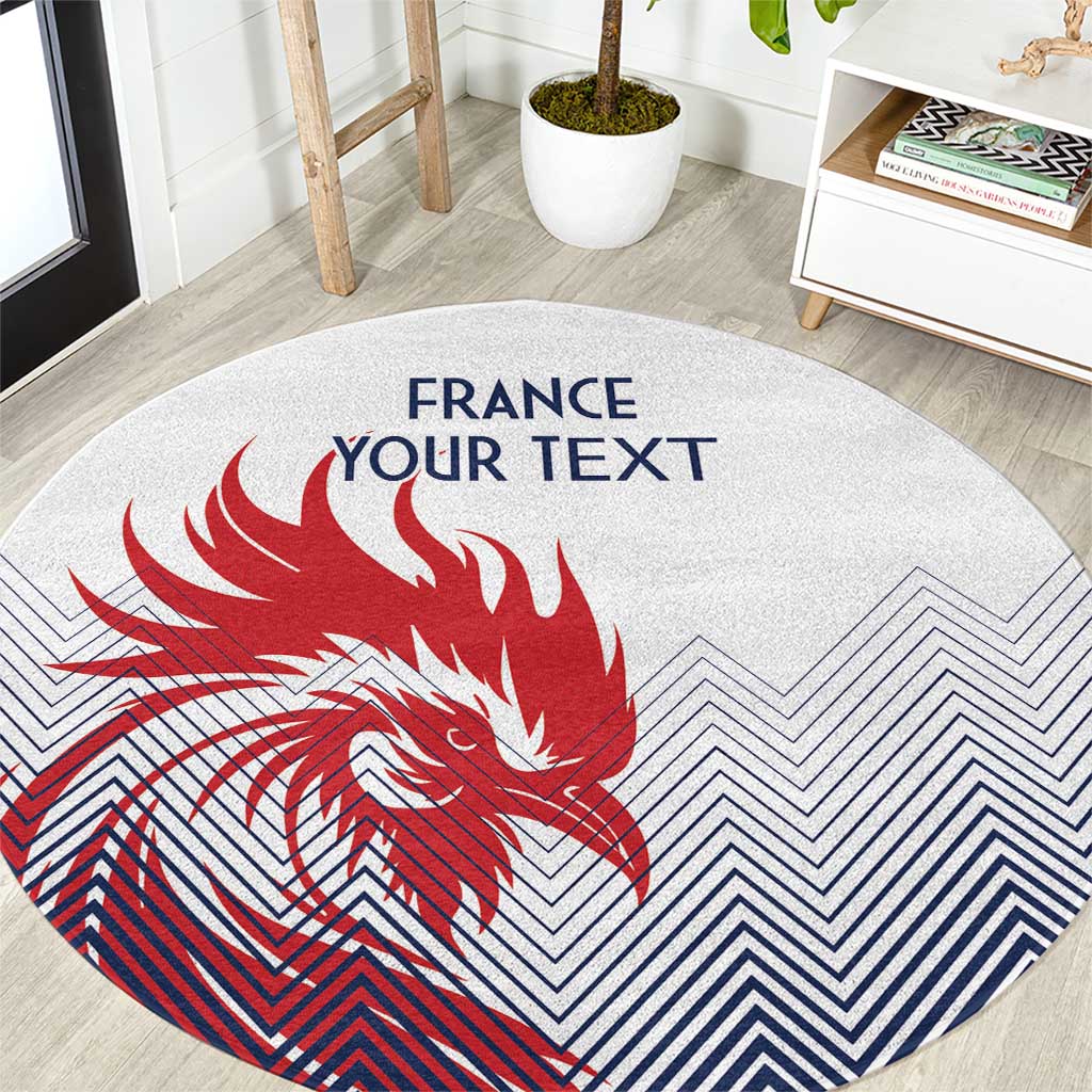 Round rug with red rooster graphic, blue chevron pattern, and “FRANCE”/“YOUR TEXT”.
