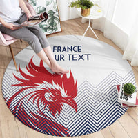 Round rug with red rooster illustration, blue zigzag pattern, and “FRANCE”/“YOUR TEXT”.