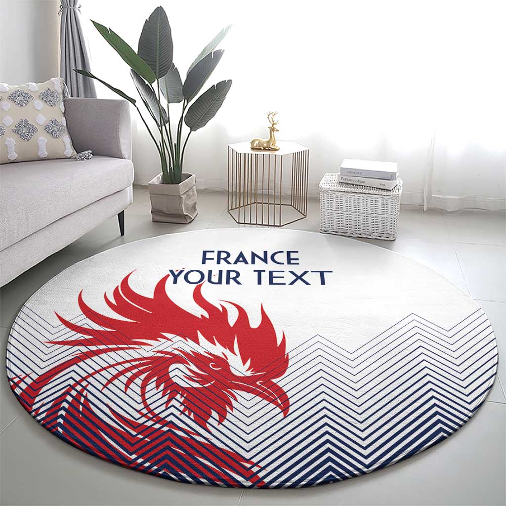 Round rug featuring red rooster graphic, blue chevrons, and “FRANCE”/“YOUR TEXT”.