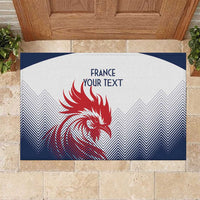 Rubber doormat in white and navy with red rooster graphic, zigzag pattern, and 'FRANCE YOUR TEXT'.