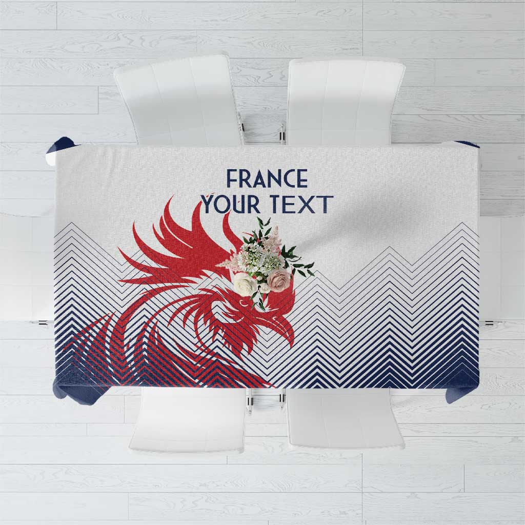 Custom tablecloth with France print, rooster graphic, navy and red chevron pattern