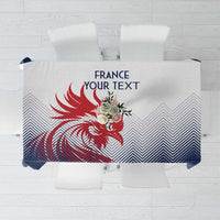 Custom tablecloth with France print, rooster graphic, navy and red chevron pattern