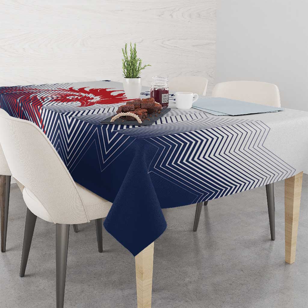 Navy and white chevron tablecloth on dining table with place settings