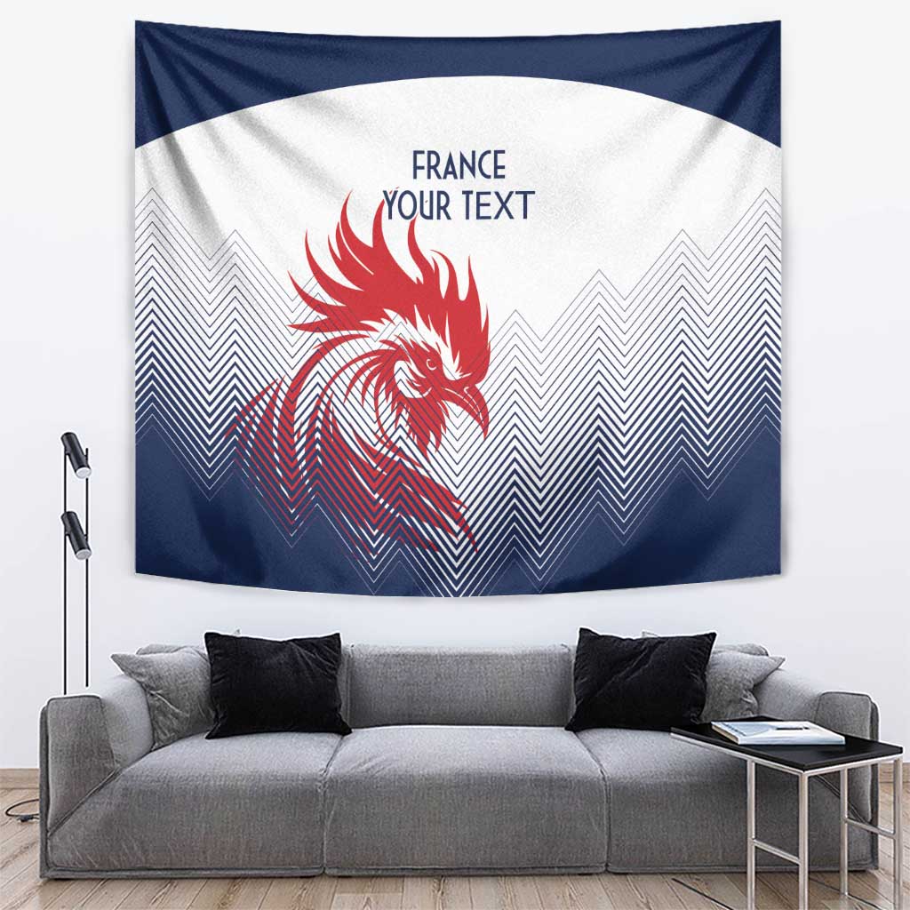 France rugby tapestry wall hanging, blue-white with red rooster and YOUR TEXT