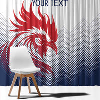 Close-up window curtain with white fabric, red rooster design, and navy zigzag chevrons