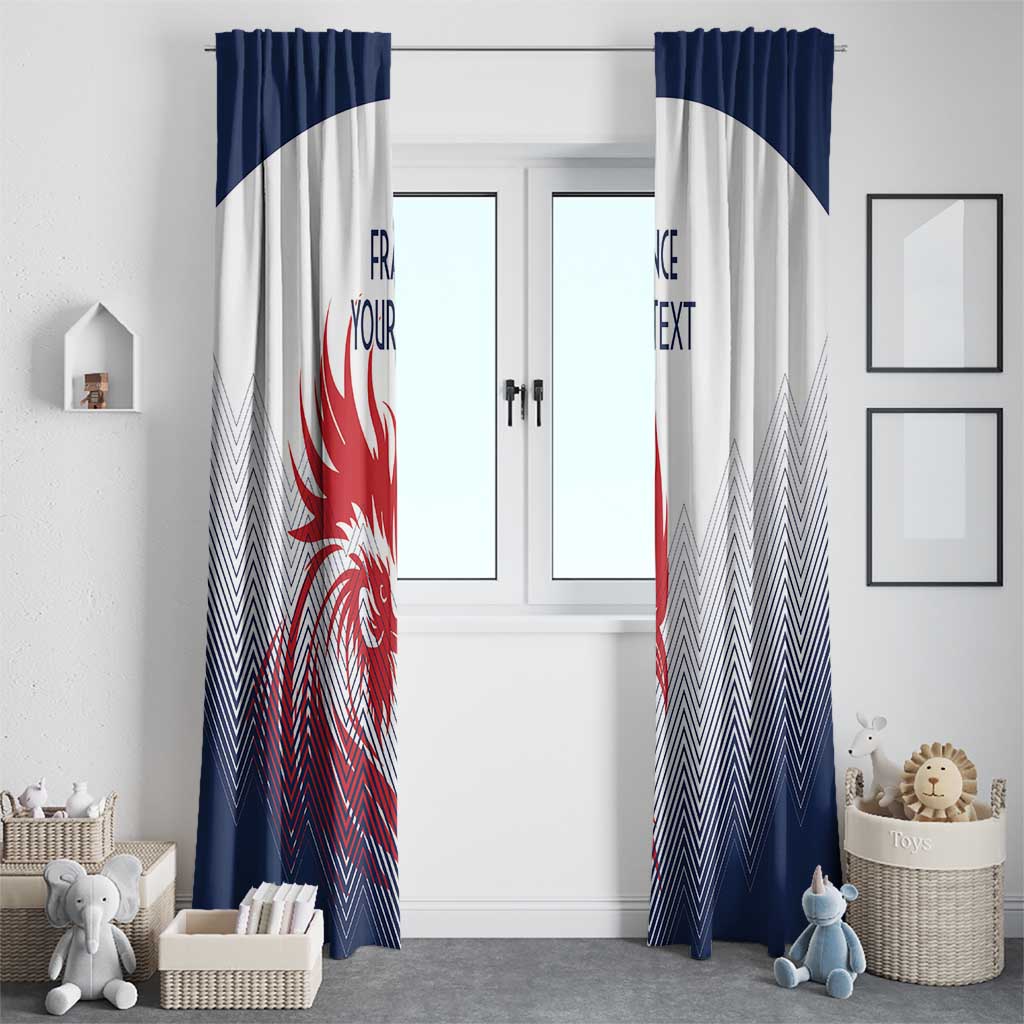 Window curtain set in white and deep blue featuring red rooster graphic and layered chevron stripes