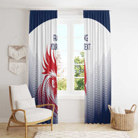 Tall window curtain panels in white and deep blue with red rooster print and zigzag chevrons