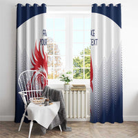 Window curtain with grommet-style top and white/deep-blue fabric, red rooster and chevrons