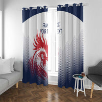 Two-panel window curtain in white and deep blue with red rooster graphic and navy chevron pattern
