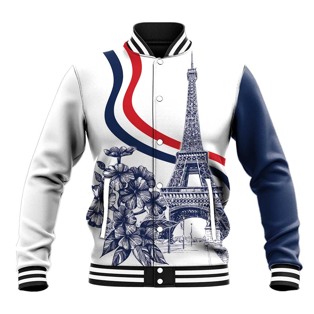 White varsity-style rugby baseball jacket with button front, Eiffel tower and blue floral print