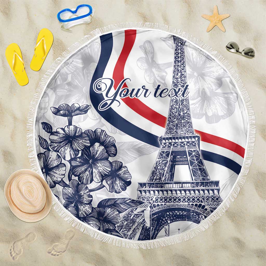 Round beach blanket with Eiffel Tower and floral France stripes, white fringe border