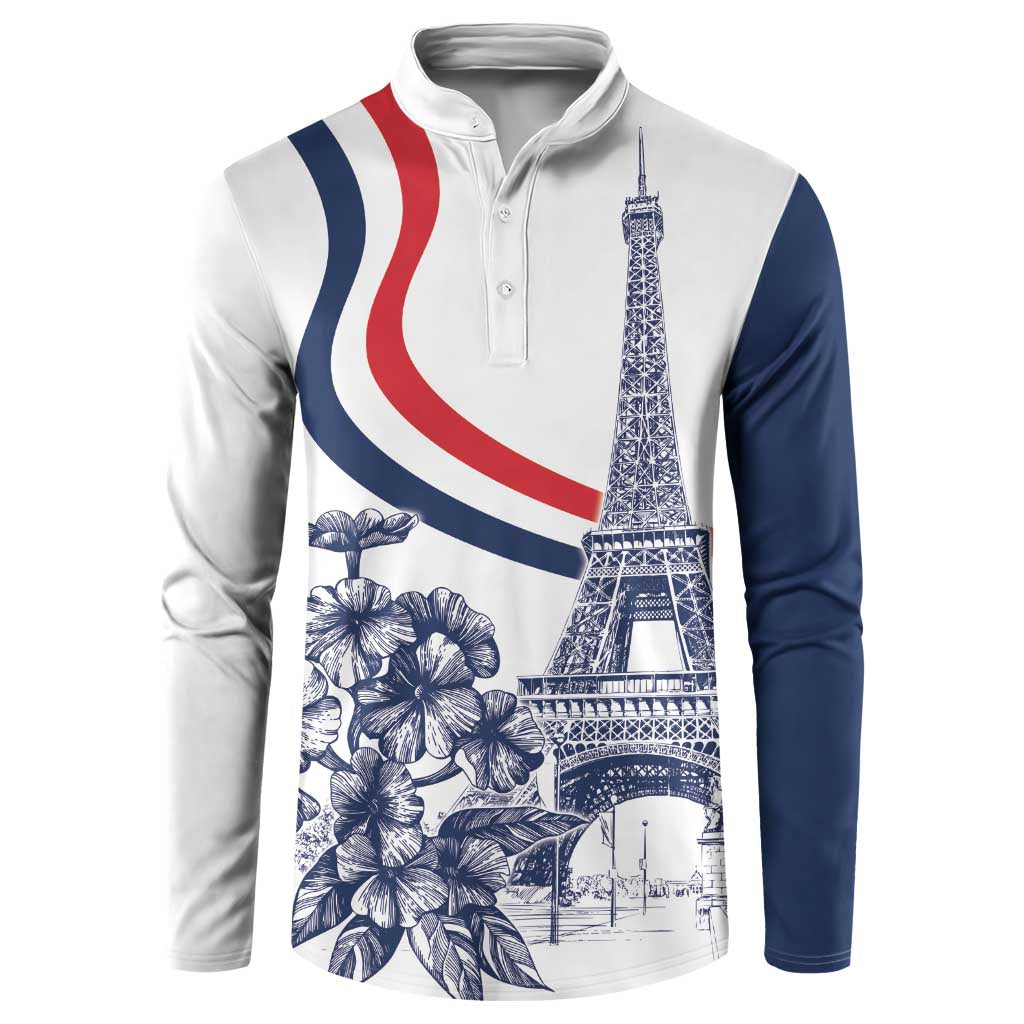 Women’s button henley sweatshirt with Eiffel Tower, navy floral print, and red-white stripes