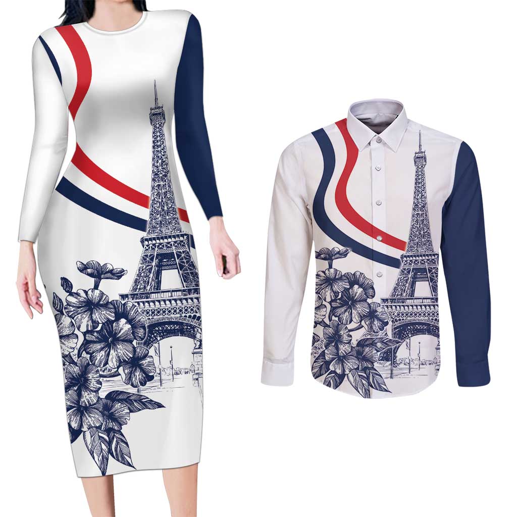 Custom France Women Rugby Couples Matching Long Sleeve Bodycon Dress and Long Sleeve Button Shirt Summer Flowers 2024 LT9 - Wonder Print Shop