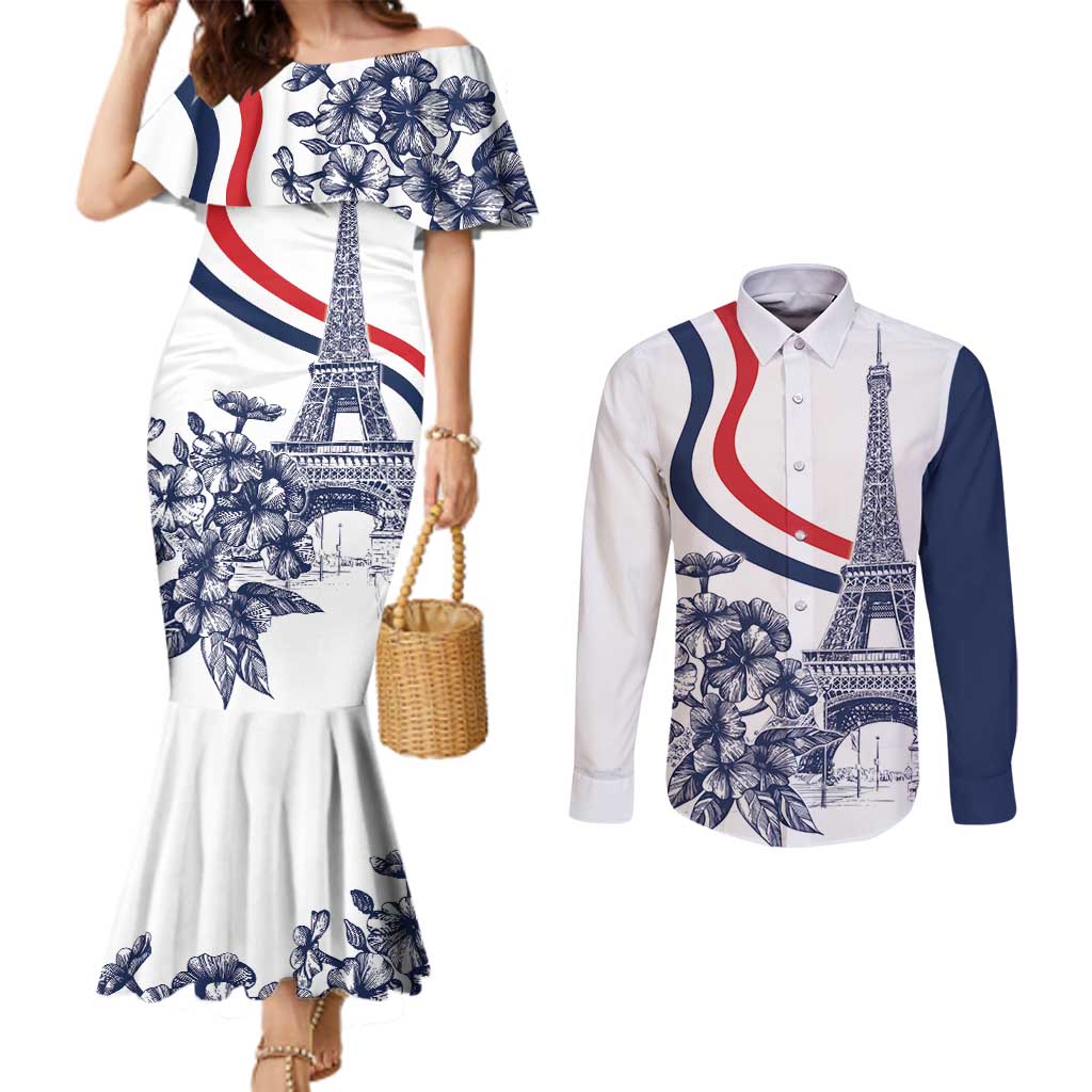 Custom France Women Rugby Couples Matching Mermaid Dress and Long Sleeve Button Shirt Summer Flowers 2024