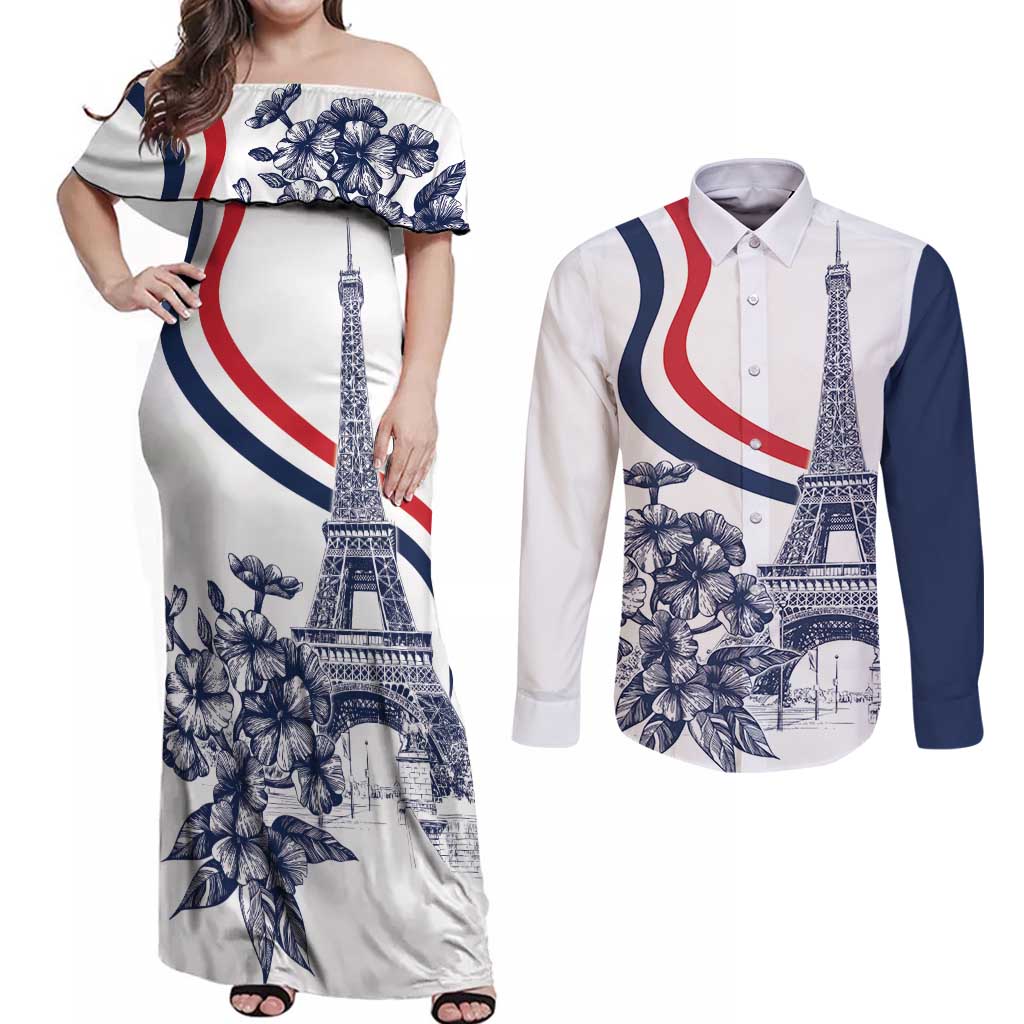 Custom France Women Rugby Couples Matching Off Shoulder Maxi Dress and Long Sleeve Button Shirt Summer Flowers 2024 LT9 - Wonder Print Shop