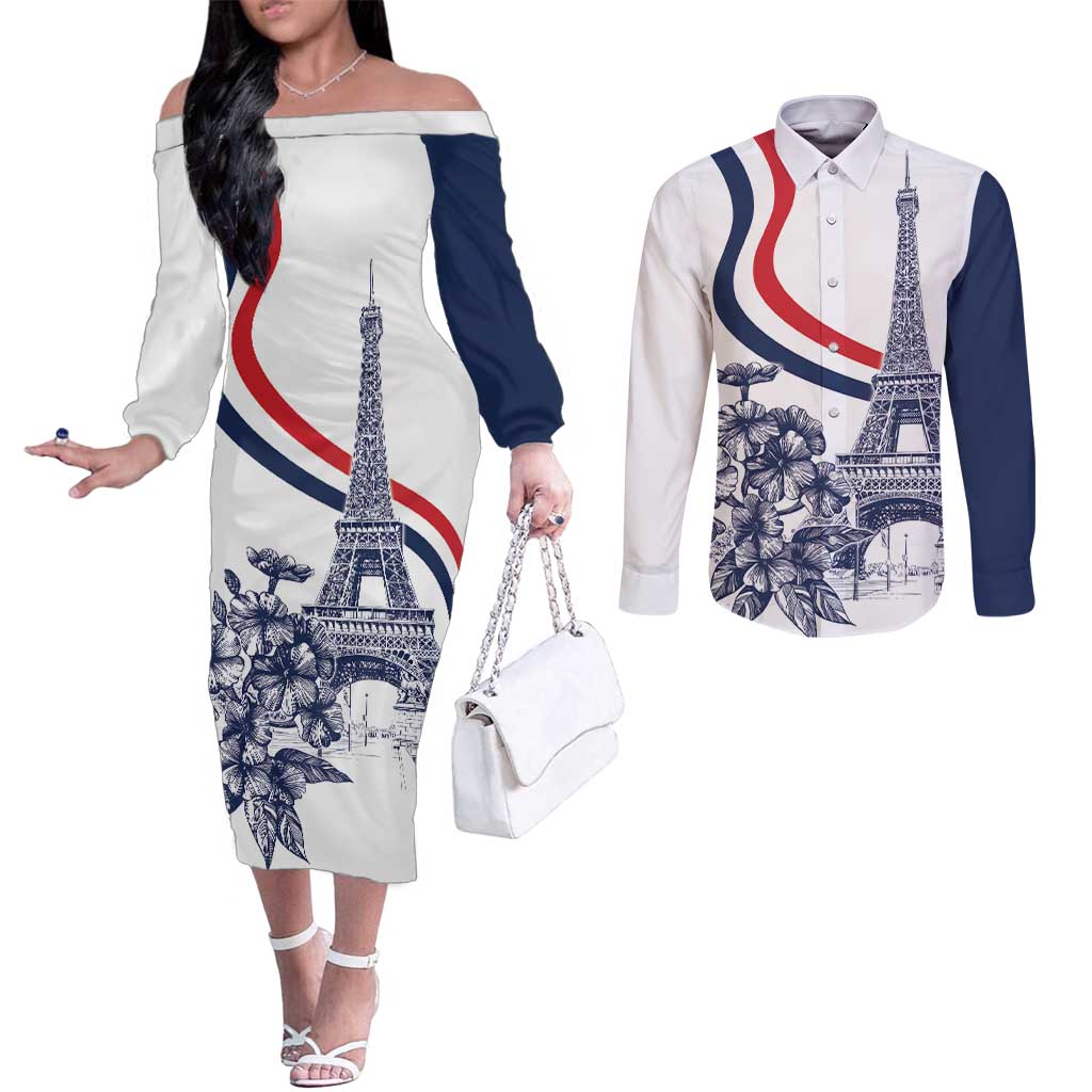 Custom France Women Rugby Couples Matching Off The Shoulder Long Sleeve Dress and Long Sleeve Button Shirt Summer Flowers 2024