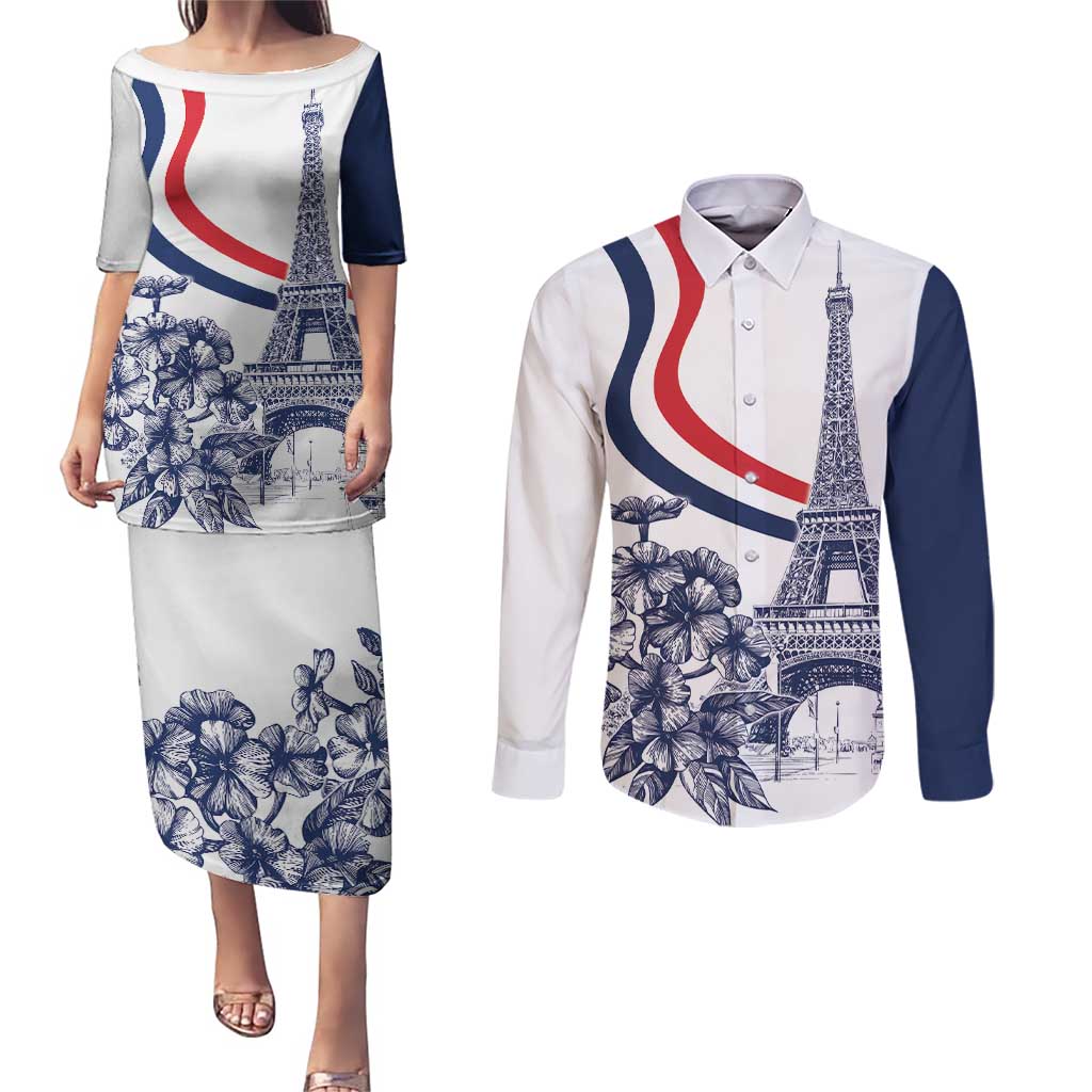 Custom France Women Rugby Couples Matching Puletasi and Long Sleeve Button Shirt Summer Flowers 2024 LT9 - Wonder Print Shop