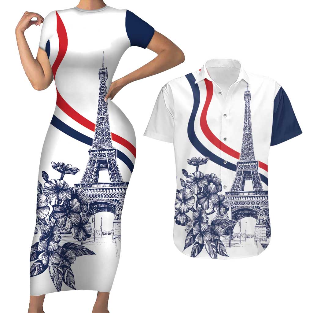 Custom France Women Rugby Couples Matching Short Sleeve Bodycon Dress and Hawaiian Shirt Summer Flowers 2024 LT9 - Wonder Print Shop