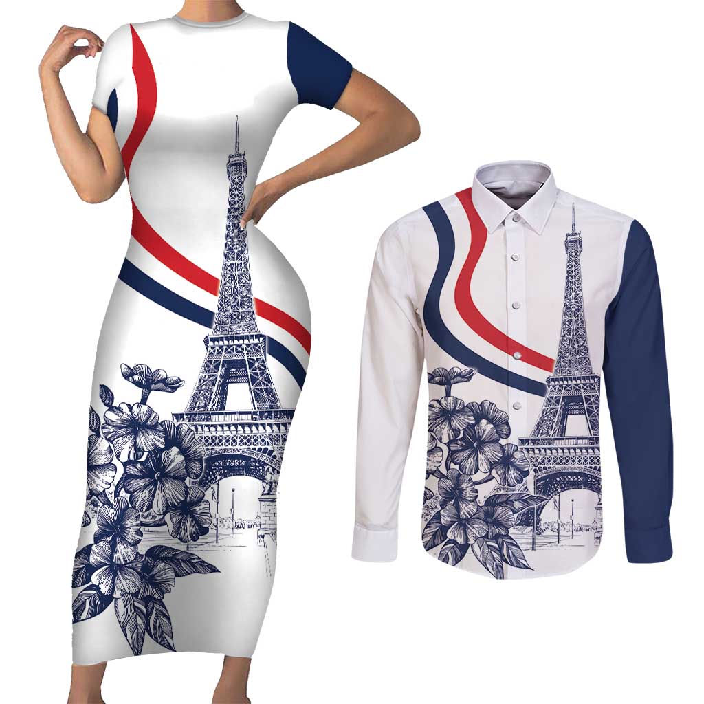 Custom France Women Rugby Couples Matching Short Sleeve Bodycon Dress and Long Sleeve Button Shirt Summer Flowers 2024 LT9 - Wonder Print Shop