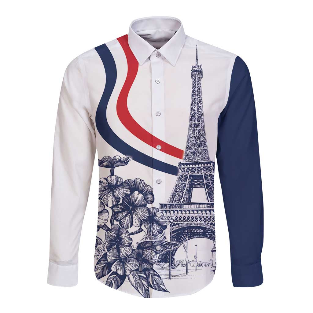 White long-sleeve rugby button shirt with Eiffel Tower and floral France tricolor wave