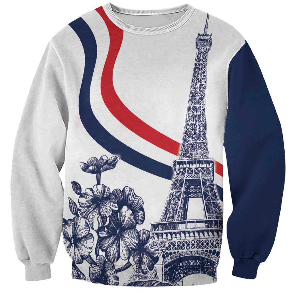 White rugby sweatshirt with Eiffel Tower, floral print, and France tricolor stripes