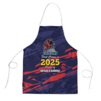 Blue cricket team apron with white straps and red 2025 event graphic