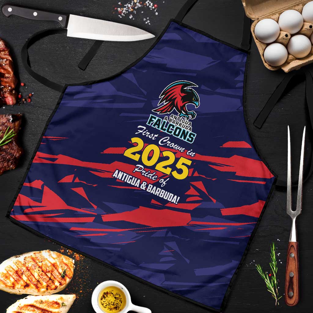 Blue cricket team apron with black straps and red 2025 Falcons logo graphic