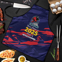 Blue cricket team apron with black straps and red 2025 Falcons logo graphic