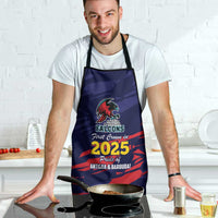 Blue cricket team apron with black straps, front 2025 Antigua & Barbuda print