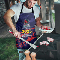 Blue cricket team apron with black straps, worn while grilling outdoors