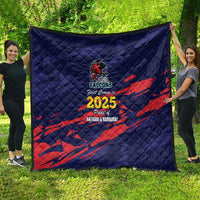 Navy diamond-stitched quilt with red swoosh pattern, Falcons crest and 2025 text