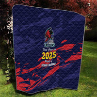 Navy quilt with red diagonal streak design, Falcons logo and 2025 center print