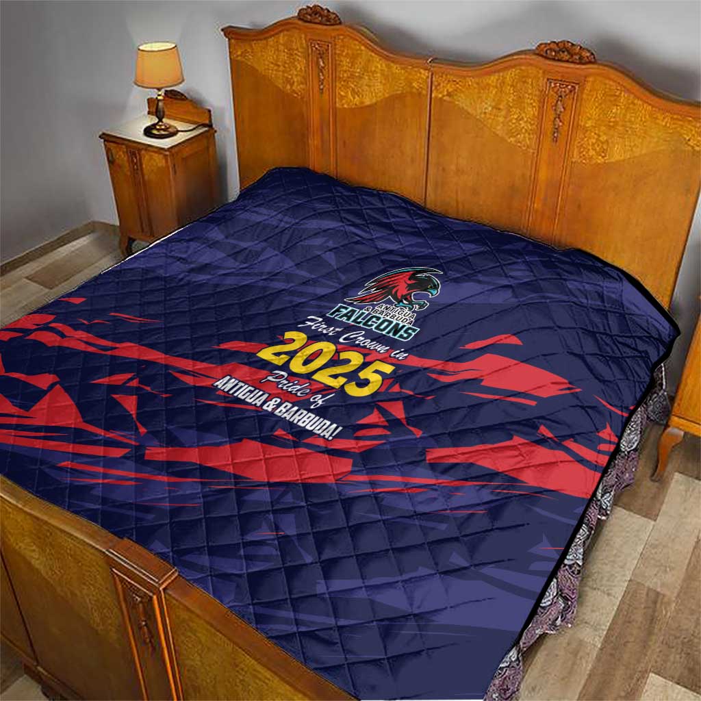 Navy quilt on bed with red angled pattern, Falcons crest and 2025 graphic