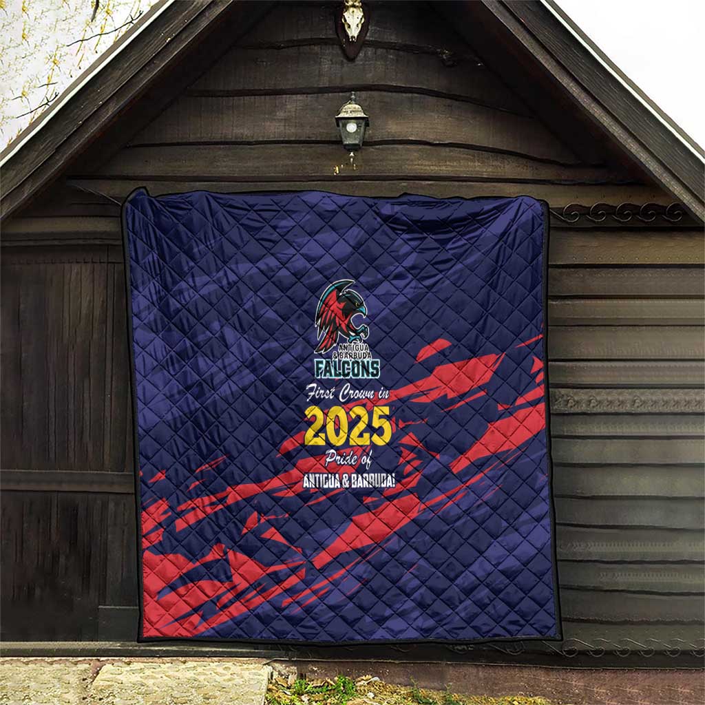 Navy square quilt with red streaks, Falcons crest and 2025 print against wooden doors