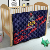Navy quilt on crib with diamond quilting, red streak pattern, Falcons crest and 2025