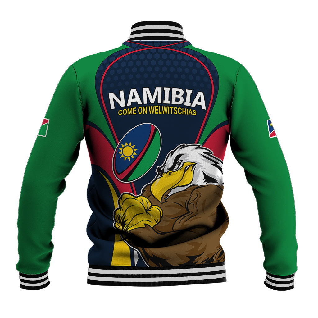 Navy varsity jacket back with Namibia logo, eagle graphic, ribbed collar and cuffs