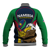 Navy varsity jacket back with Namibia logo, eagle graphic, ribbed collar and cuffs